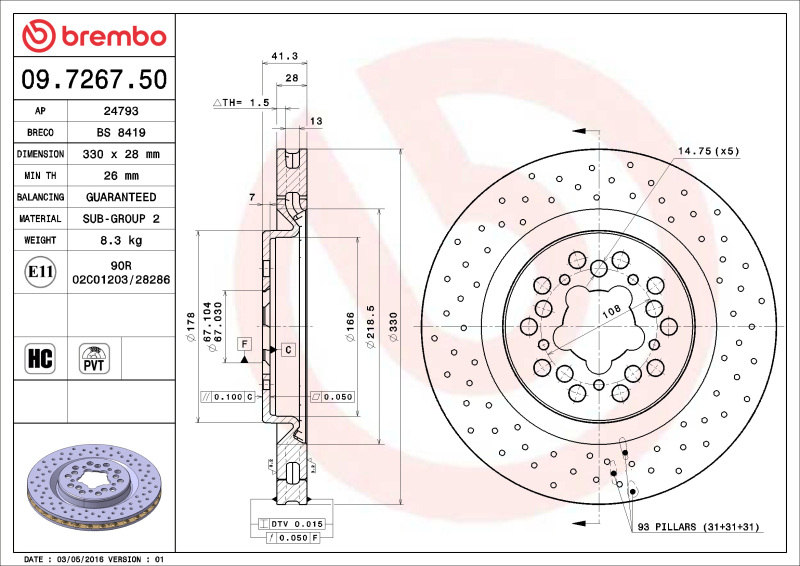 Ferrari 360 Brake Rotor (1) - Brembo OE - Drilled Standard - `00-`04